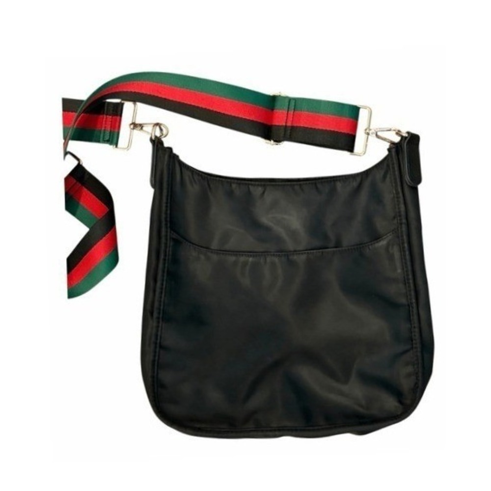 Ah-Dorned Black Nylon Crossbody Bag Black Red Green Stripe‎ Guitar Strap